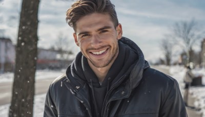 solo,looking at viewer,smile,short hair,brown hair,1boy,jacket,upper body,male focus,outdoors,teeth,day,hood,grin,blurry,black eyes,tree,black jacket,hoodie,blurry background,facial hair,hood down,hooded jacket,beard,snow,zipper,snowing,mature male,realistic,mustache,stubble,leather,leather jacket,open mouth,depth of field,winter clothes,black hoodie,winter,photo background