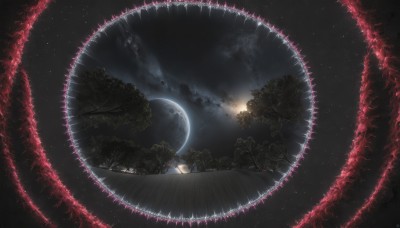 outdoors,sky,cloud,tree,no humans,night,moon,star (sky),nature,night sky,scenery,forest,starry sky,dark,space,planet,glowing,ground vehicle,motor vehicle,full moon