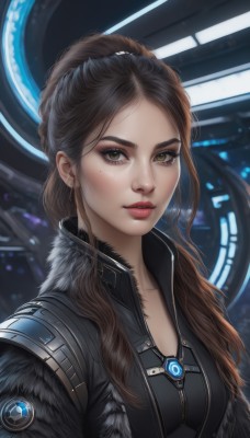 1girl,solo,long hair,breasts,looking at viewer,brown hair,brown eyes,jewelry,medium breasts,jacket,upper body,ponytail,parted lips,mole,lips,fur trim,eyelashes,mole under eye,makeup,freckles,science fiction,realistic,nose,bangs,green eyes,earrings,artist name,signature,thick eyebrows,lipstick,forehead,eyeshadow,eyeliner