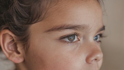 1girl,solo,short hair,blue eyes,brown hair,1boy,brown eyes,closed mouth,male focus,blurry,lips,eyelashes,depth of field,looking away,portrait,close-up,brown background,realistic,eye focus,nose,looking afar