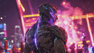 solo, 1boy, upper body, male focus, from behind, blurry, night, blurry background, helmet, science fiction, city, realistic, cyborg, cyberpunk, neon lights