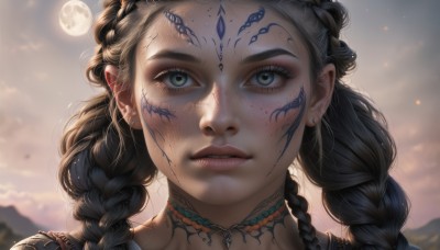 1girl,solo,long hair,looking at viewer,black hair,jewelry,green eyes,braid,earrings,outdoors,parted lips,sky,choker,artist name,cloud,necklace,blurry,twin braids,lips,grey eyes,eyelashes,tattoo,depth of field,blurry background,facial mark,piercing,moon,portrait,close-up,forehead,full moon,backlighting,freckles,forehead mark,realistic,nose,facepaint,mascara,multiple braids,mole on cheek,brown hair,twintails,teeth,sunlight,thick eyebrows,cloudy sky,facial tattoo,dirty,dirty face