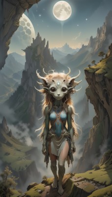 1girl,solo,long hair,breasts,looking at viewer,blonde hair,red eyes,jewelry,medium breasts,very long hair,standing,full body,outdoors,horns,sky,barefoot,pointy ears,tree,night,colored skin,moon,monster girl,star (sky),pelvic curtain,full moon,walking,toenails,mountain,fantasy,arms at sides,green skin,extra eyes,alien,fog,fewer digits,navel,torn clothes,bird,night sky,starry sky,blue skin,grey skin,dirty feet