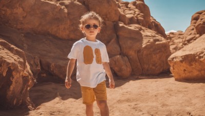 solo,looking at viewer,short hair,blonde hair,shirt,1boy,closed mouth,standing,white shirt,short sleeves,male focus,outdoors,shorts,day,signature,sunglasses,aged down,t-shirt,child,rock,realistic,sand,male child,print shirt,brown shorts,yellow shorts,white hair,sky,artist name,blue sky,feet out of frame,clenched hands,arms at sides