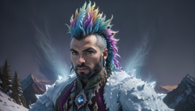 solo,looking at viewer,blue eyes,black hair,hair ornament,1boy,jewelry,closed mouth,blue hair,upper body,purple hair,braid,white hair,male focus,multicolored hair,earrings,outdoors,sky,necklace,two-tone hair,tree,streaked hair,fur trim,facial hair,feathers,gem,portrait,beard,snow,spikes,mountain,realistic,mustache,feather hair ornament,feather trim,long hair,night