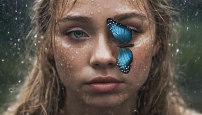 1girl, solo, long hair, looking at viewer, blue eyes, blonde hair, closed mouth, lips, eyelashes, bug, butterfly, portrait, close-up, rain, water drop, realistic, nose, blue butterfly