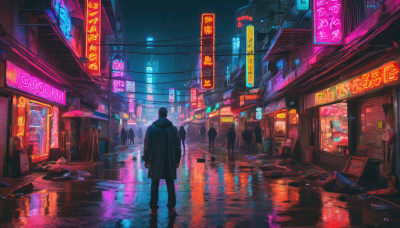 1boy, standing, outdoors, night, umbrella, building, scenery, reflection, rain, city, sign, road, dark, power lines, street, puddle, cyberpunk, neon lights