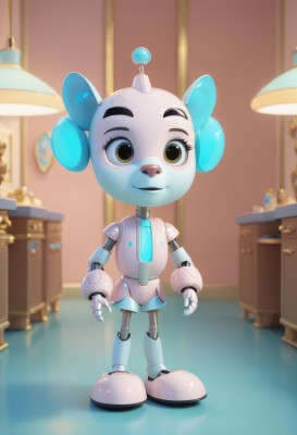 1girl,solo,looking at viewer,smile,animal ears,brown eyes,standing,full body,necktie,indoors,no humans,robot,child,furry,furry female,android,female child,lamp,joints,robot joints,open hands,humanoid robot,parody