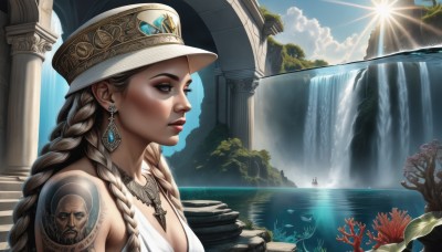 1girl,solo,long hair,breasts,blue eyes,blonde hair,brown hair,hat,dress,cleavage,bare shoulders,jewelry,medium breasts,closed mouth,upper body,braid,earrings,outdoors,sky,day,cloud,water,necklace,white dress,twin braids,blue sky,lips,grey eyes,eyelashes,tattoo,makeup,ocean,sunlight,lipstick,scenery,fish,light rays,nose,fantasy,sun,red lips,arm tattoo,watercraft,shoulder tattoo,pillar,waterfall,arch,coral,column,brown eyes,solo focus,from side,tree,white headwear,cloudy sky,stairs,sunbeam,statue