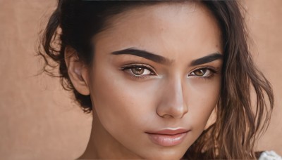 1girl,solo,long hair,looking at viewer,simple background,brown hair,black hair,brown eyes,closed mouth,lips,eyelashes,portrait,close-up,forehead,freckles,brown background,realistic,nose,short hair