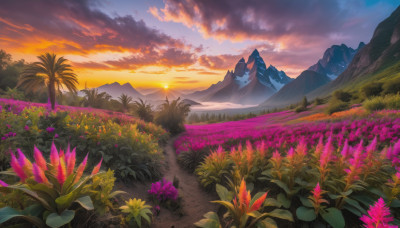 flower, outdoors, sky, cloud, tree, no humans, cloudy sky, grass, nature, scenery, sunset, mountain, sun, field, landscape, mountainous horizon