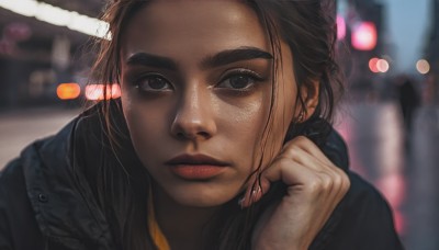 1girl,solo,long hair,looking at viewer,brown hair,black hair,brown eyes,jewelry,jacket,earrings,parted lips,dark skin,hood,blurry,black eyes,dark-skinned female,lips,depth of field,blurry background,thick eyebrows,portrait,close-up,head rest,realistic,nose,closed mouth,outdoors,fingernails,eyelashes,forehead,backlighting,bokeh,city lights