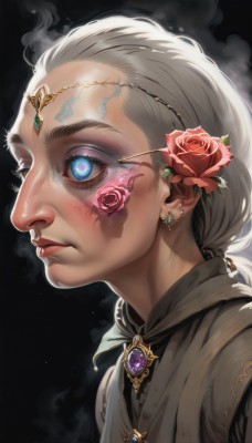 1girl,solo,long hair,looking at viewer,blue eyes,hair ornament,jewelry,closed mouth,upper body,ponytail,flower,white hair,earrings,hair flower,from side,lips,eyelashes,makeup,glowing,rose,black background,brooch,gem,portrait,glowing eyes,pink flower,smoke,freckles,circlet,realistic,nose,pink rose,mascara,profile