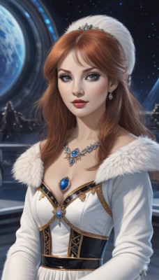 1girl,solo,long hair,breasts,looking at viewer,smile,blue eyes,brown hair,long sleeves,hat,dress,cleavage,brown eyes,jewelry,medium breasts,collarbone,upper body,earrings,parted lips,sky,necklace,white dress,lips,coat,grey eyes,fur trim,makeup,lipstick,gem,star (sky),corset,pendant,starry sky,red lips,space,planet,fur hat,earth (planet),artist name,night,tiara,realistic