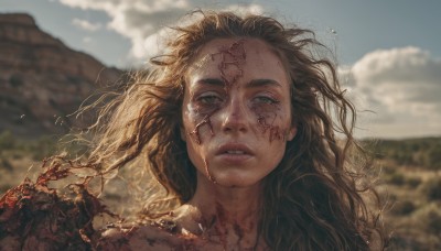 1girl,solo,long hair,looking at viewer,brown hair,green eyes,outdoors,parted lips,sky,teeth,day,cloud,blurry,blue sky,lips,blood,depth of field,blurry background,wavy hair,messy hair,portrait,freckles,realistic,nose,dirty,floating hair,thick eyebrows,cloudy sky,wind,blood on face