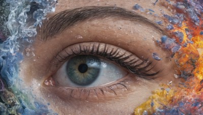 1girl,solo,looking at viewer,blue eyes,brown eyes,water,eyelashes,traditional media,close-up,1other,reflection,fish,ice,realistic,eye focus,green eyes,water drop