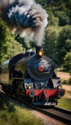 outdoors,multiple boys,sky,day,cloud,tree,military,no humans,grass,ground vehicle,nature,scenery,motor vehicle,forest,smoke,emblem,military vehicle,tank,vehicle focus,train,caterpillar tracks,railroad tracks,weapon,2boys,uniform,helmet,robot,mecha,science fiction,realistic