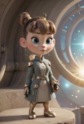 1girl,solo,looking at viewer,blush,smile,short hair,blue eyes,brown hair,gloves,long sleeves,dress,jewelry,closed mouth,standing,full body,earrings,boots,belt,artist name,indoors,hair bun,chibi,armor,lips,coat,single hair bun,hoop earrings,steampunk,ahoge