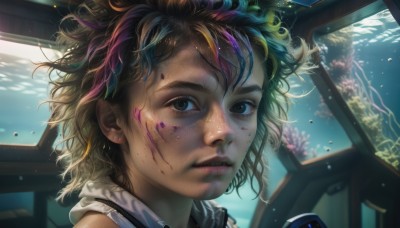 1girl,solo,looking at viewer,short hair,bangs,blonde hair,brown hair,brown eyes,multicolored hair,parted lips,artist name,water,black eyes,lips,blood,messy hair,portrait,freckles,fish,bubble,blood on face,underwater,realistic,nose,dirty,dirty face,black hair,pink hair,blurry,sunlight,close-up,air bubble,aquarium