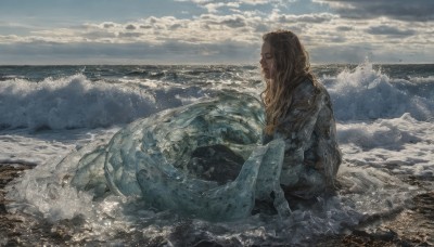 1girl,solo,long hair,blonde hair,brown hair,long sleeves,1boy,sitting,closed mouth,closed eyes,outdoors,sky,cloud,water,armor,from side,profile,facial hair,ocean,animal,beach,cloudy sky,beard,realistic,horizon,waves,grey sky,day,wet,monster girl,mermaid