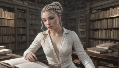 1girl,solo,long hair,breasts,looking at viewer,shirt,long sleeves,cleavage,brown eyes,medium breasts,sitting,closed mouth,collarbone,white shirt,upper body,braid,grey hair,parted lips,open clothes,artist name,indoors,signature,hair bun,lips,grey eyes,book,open shirt,no bra,buttons,single hair bun,breasts apart,forehead,freckles,open book,realistic,nose,bookshelf,red lips,partially unbuttoned,book stack,library,blonde hair,small breasts,mole,makeup,scar,table