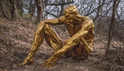 solo,1boy,sitting,full body,male focus,outdoors,barefoot,day,blurry,tree,no humans,nature,1other,forest,on ground,bare tree,alien,skull,realistic,skeleton