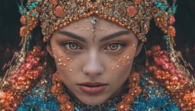 1girl,solo,long hair,looking at viewer,brown hair,black hair,hair ornament,brown eyes,jewelry,closed mouth,flower,dark skin,dark-skinned female,lips,eyelashes,makeup,crown,lipstick,black background,gem,portrait,close-up,realistic,red lips,straight-on,freckles