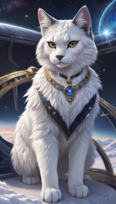 solo,looking at viewer,smile,jewelry,full body,yellow eyes,sky,star (symbol),grin,no humans,animal,cat,gem,star (sky),starry sky,colored sclera,space,animal focus,planet,earth (planet),sitting,green eyes,signature,necklace,night sky,realistic