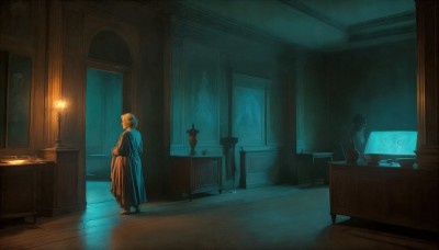 HQ,1girl,solo,blonde hair,1boy,dress,sitting,standing,male focus,indoors,window,night,chair,table,cat,scenery,desk,robe,wooden floor,door,light,lamp,dark,computer,laptop,short hair,multiple boys,silhouette,candle,wide shot