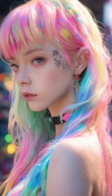 1girl,solo,long hair,looking at viewer,bangs,blonde hair,hair ornament,bare shoulders,jewelry,blue hair,upper body,pink hair,heart,multicolored hair,earrings,parted lips,choker,star (symbol),blurry,black eyes,collar,from side,two-tone hair,lips,grey eyes,eyelashes,aqua hair,gradient hair,makeup,depth of field,blurry background,piercing,cross,ear piercing,portrait,eyeshadow,freckles,pink lips,realistic,nose,rainbow hair,green hair,artist name,gem,bokeh