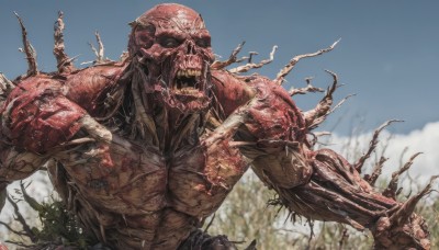 solo,open mouth,1boy,upper body,male focus,outdoors,sky,teeth,day,blurry,tree,blue sky,no humans,muscular,blurry background,sharp teeth,veins,monster,horns,cloud,signature,blood,abs,cloudy sky,skull,ribs,skeleton,horror (theme)