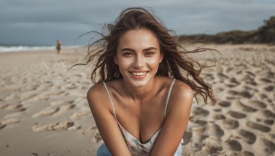 1girl,solo,long hair,breasts,looking at viewer,smile,large breasts,brown hair,cleavage,bare shoulders,brown eyes,medium breasts,collarbone,upper body,outdoors,teeth,day,grin,blurry,lips,depth of field,blurry background,ocean,beach,wind,messy hair,realistic,sand,photo background,open mouth,dress,sky,solo focus,dark skin,white dress,dark-skinned female,floating hair,spaghetti strap,sundress,waves,horror (theme)