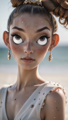 1girl,solo,looking at viewer,brown hair,hair ornament,dress,brown eyes,jewelry,collarbone,upper body,earrings,outdoors,parted lips,sleeveless,day,dark skin,hair bun,white dress,blurry,dark-skinned female,lips,eyelashes,depth of field,blurry background,beach,portrait,freckles,realistic,body freckles,single hair bun,tiara,close-up