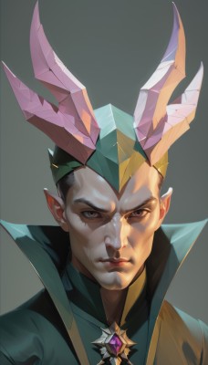 solo,looking at viewer,short hair,simple background,black hair,red eyes,1boy,brown eyes,closed mouth,upper body,male focus,horns,pointy ears,grey background,gem,portrait,green background,high collar,grey hair,realistic