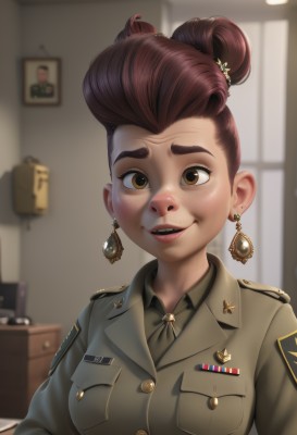 1girl,solo,breasts,looking at viewer,smile,short hair,open mouth,brown hair,shirt,brown eyes,jewelry,medium breasts,jacket,upper body,earrings,necktie,teeth,collared shirt,indoors,hair bun,blurry,uniform,lips,military,military uniform,buttons,blurry background,single hair bun,thick eyebrows,freckles,epaulettes,pocket,breast pocket,brown shirt,badge,military jacket,medal,world war ii,artist name,depth of field,realistic,nose,lamp