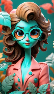 1girl,solo,long hair,breasts,looking at viewer,smile,blue eyes,brown hair,cleavage,collarbone,jacket,upper body,glasses,blurry,lips,coat,makeup,buttons,blurry background,colored skin,leaf,lipstick,curly hair,round eyewear,blue skin,green skin,tinted eyewear,flower,bespectacled,blue-tinted eyewear