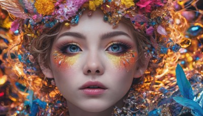 1girl,solo,long hair,looking at viewer,blush,blue eyes,blonde hair,brown hair,hair ornament,jewelry,flower,parted lips,artist name,hair flower,blurry,lips,eyelashes,makeup,depth of field,bug,feathers,lipstick,gem,butterfly,portrait,close-up,eyeshadow,freckles,realistic,nose,red lips,feather hair ornament,mascara,eye focus,short hair,yellow flower,gold