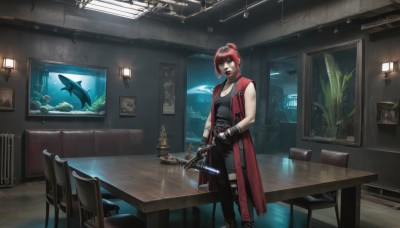 1girl,solo,breasts,looking at viewer,short hair,gloves,holding,bare shoulders,standing,weapon,red hair,sleeveless,black gloves,belt,sword,indoors,fingerless gloves,holding weapon,coat,gun,mask,chair,table,plant,holding gun,couch,fish,mouth mask,lamp,red coat,painting (object),shark,aquarium,bangs,thighhighs,ponytail,open clothes,shorts,pants,hair bun,vest,lips,torn clothes,black shorts,single hair bun,tank top,red jacket,handgun,open coat,picture frame,armchair,ceiling light,dolphin,portrait (object)