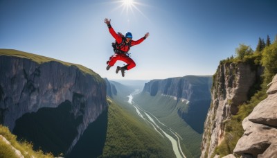 solo,gloves,1boy,male focus,outdoors,sky,day,fingerless gloves,bag,arms up,tree,backpack,helmet,grass,nature,scenery,forest,science fiction,rock,jumping,mountain,sun,landscape,cliff,blue sky,floating,flying,spacesuit,desert