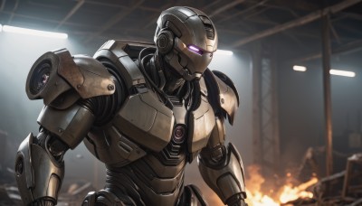 solo,purple eyes,upper body,indoors,no humans,glowing,fire,robot,mecha,science fiction,glowing eye,one-eyed,damaged,looking ahead,lights,1boy,male focus,armor,blurry,blurry background,looking down,realistic,power armor