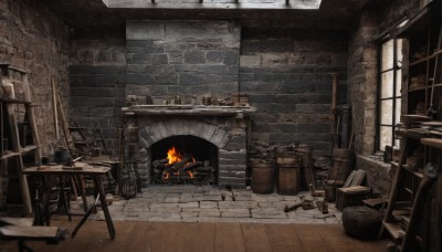 weapon,sword,indoors,blurry,no humans,window,chair,table,fire,scenery,wooden floor,stairs,candle,wall,brick wall,barrel,stove,fireplace,crate,wood,brick,bottle,shield,axe,ruins,torch