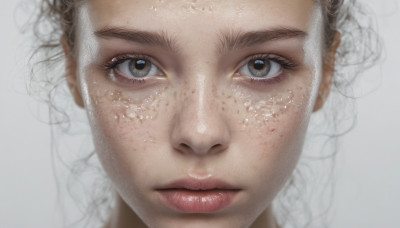 1girl, solo, looking at viewer, simple background, brown hair, brown eyes, closed mouth, lips, eyelashes, portrait, close-up, freckles, realistic