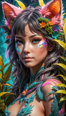 1girl,solo,long hair,breasts,looking at viewer,bangs,black hair,hair ornament,animal ears,cleavage,jewelry,medium breasts,closed mouth,green eyes,upper body,flower,earrings,artist name,cat ears,signature,hair flower,dark skin,necklace,from side,dark-skinned female,lips,animal ear fluff,eyelashes,makeup,leaf,watermark,facial mark,feathers,plant,extra ears,eyeshadow,freckles,pink lips,nose,stud earrings,eyeliner,facepaint,mascara,blue eyes,large breasts,bare shoulders,mole,portrait,blue flower,realistic,yellow flower,feather hair ornament,bodypaint,colorful