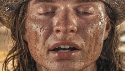 solo,long hair,smile,open mouth,brown hair,black hair,1boy,hat,closed eyes,braid,male focus,teeth,shiny,water,blurry,lips,wet,portrait,facing viewer,close-up,realistic,brown headwear,straw hat,one eye closed,freckles,cowboy hat