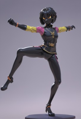 1girl,solo,breasts,short hair,bangs,simple background,shirt,black hair,gloves,long sleeves,jewelry,closed mouth,standing,full body,yellow eyes,small breasts,shoes,teeth,black gloves,belt,pants,dark skin,grey background,black footwear,vest,high heels,orange eyes,bodysuit,colored skin,black pants,standing on one leg,outstretched arms,colored sclera,fighting stance,grey skin,black skin,mask,glowing,glowing eyes,tokusatsu