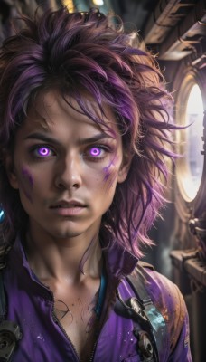 1girl,solo,long hair,looking at viewer,bangs,purple eyes,collarbone,upper body,purple hair,multicolored hair,parted lips,teeth,artist name,dark skin,medium hair,mole,blurry,lips,tattoo,makeup,blurry background,glowing,messy hair,portrait,zipper,freckles,science fiction,realistic,nose,cyborg,dirty,cyberpunk,dirty face,mole on neck,short hair,jacket,glowing eyes,injury,unzipped,purple jacket