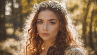 1girl,solo,long hair,looking at viewer,brown hair,brown eyes,jewelry,earrings,blurry,lips,grey eyes,eyelashes,depth of field,blurry background,wavy hair,portrait,veil,curly hair,realistic,nose,bridal veil,head wreath,bokeh,outdoors,parted lips,watermark,thick eyebrows,forehead,backlighting