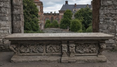 outdoors,sky,day,cloud,tree,no humans,window,cloudy sky,building,nature,scenery,stairs,road,wall,architecture,ruins,house,brick wall,castle,statue,stone wall,1girl,blue sky,bush,tower,gate