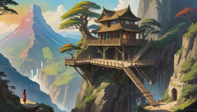 1girl,solo,long hair,brown hair,black hair,standing,outdoors,japanese clothes,sky,day,cloud,kimono,water,from behind,tree,blue sky,building,scenery,stairs,mountain,fantasy,facing away,architecture,house,bridge,east asian architecture,waterfall,cliff,multiple girls,signature,landscape