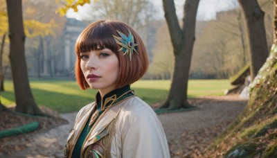 1girl,solo,looking at viewer,short hair,bangs,brown hair,hair ornament,brown eyes,closed mouth,upper body,outdoors,day,blunt bangs,blurry,tree,lips,makeup,blurry background,bob cut,realistic,nose,grass,nature,path